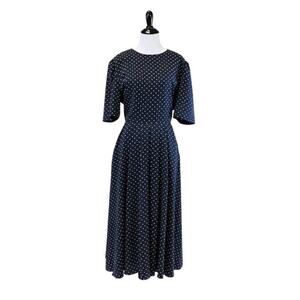 Vintage Navy Dress with Yellow Polka Dots, Full Skirt and Pockets Medium